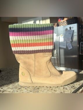 Coach Tan Suede Boot with Multicolor Striped Knit Cuff